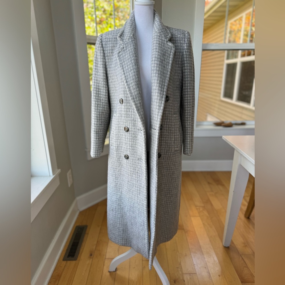 Vintage Bert Newman Petites Gray White Check Wool Full Length Dress Coat Sz 10P